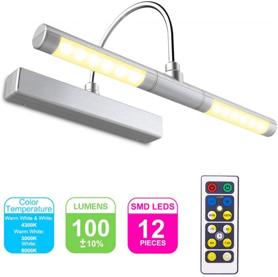 HONWELL Wireless Battery Operated LED Picture Light with Remote, 13 Inches Rotatable Light Head with 3 Lighting Modes, Dimmable Display Lamp with Timer for Painting Dartboard Portrait Art, Silver