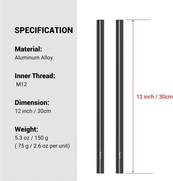 SMALLRIG 2pcs Aluminum Alloy 15mm Rod with M12 Inner Thread 12 Inches (30cm) - 1053 - Image 2