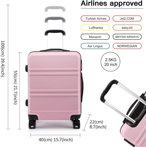 Kono 55cm Hard Shell Cabin Case 38L Carry On Hand Luggage 4 Wheeled Spinner Suitcase with TSA Lock (Rose Golden) - Image 2