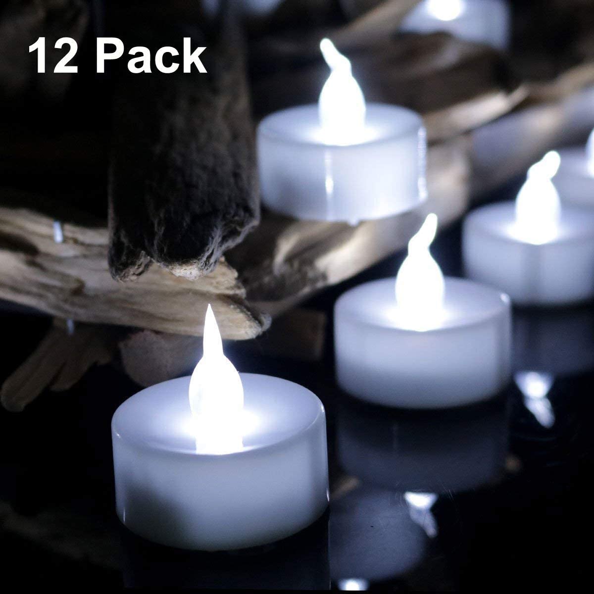 12 Pack Flameless Candle Lights Realistic Flickering Bulb Battery Operated Led Tea Lights Candles for Party Wedding Birthday Halloween Gifts Home Decoration in Cool White