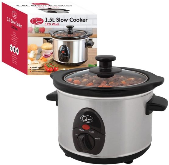 Quest 35260 Slow Cooker / 1.5 Litres / Compact Stainless Steel / 120W / 3 Temperature Settings / Transparent Toughened Glass Lid / Dishwasher Safe