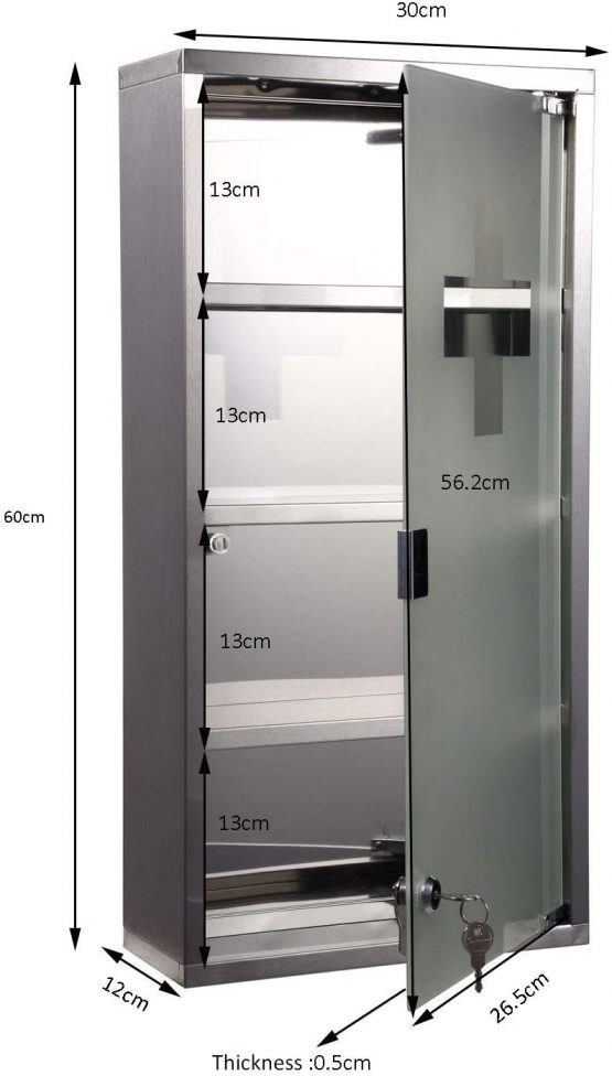 HOMCOM 4 Tier Stainless Steel Wall Mounted Medicine Cabinet Glass Lockable Door Storage Shelves Houseware Bathroom Furniture 60Hx30Wx12D(cm) w/2 Keys - Image 2