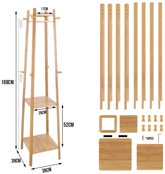 unho Coat Stand Rack Hanger: Bamboo Coat Rack with Shelf Coat Trees Free Standing Garment Stand Clothing Rail with 8 Hooks for Hats Clothes Bag Shoes - Image 2