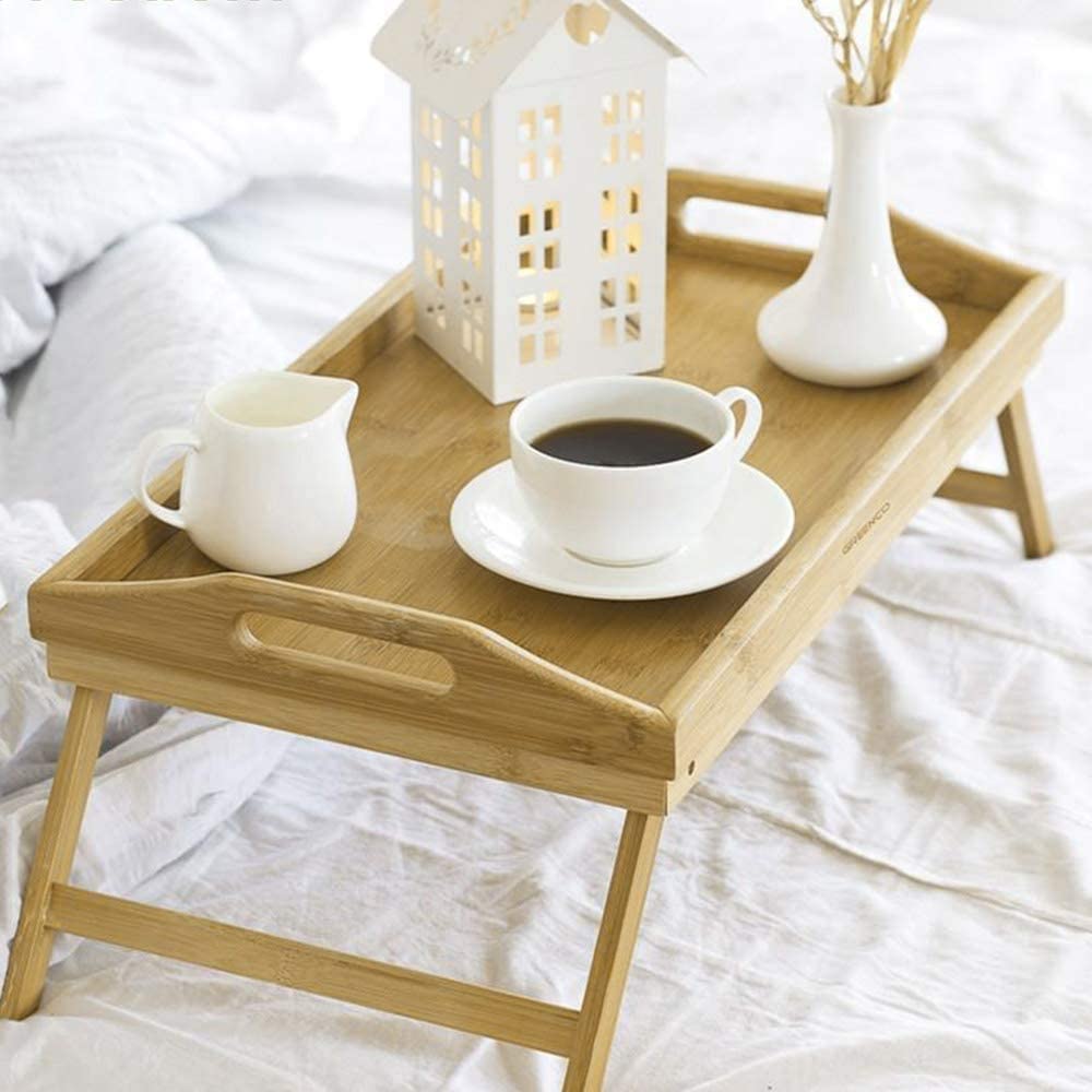Mantraraj Wooden Bamboo Food Serving TV Tray With Handles Portble And Folding Legs Dinner Breakfast Lap Table Mat For Sofa And Bed - Image 3