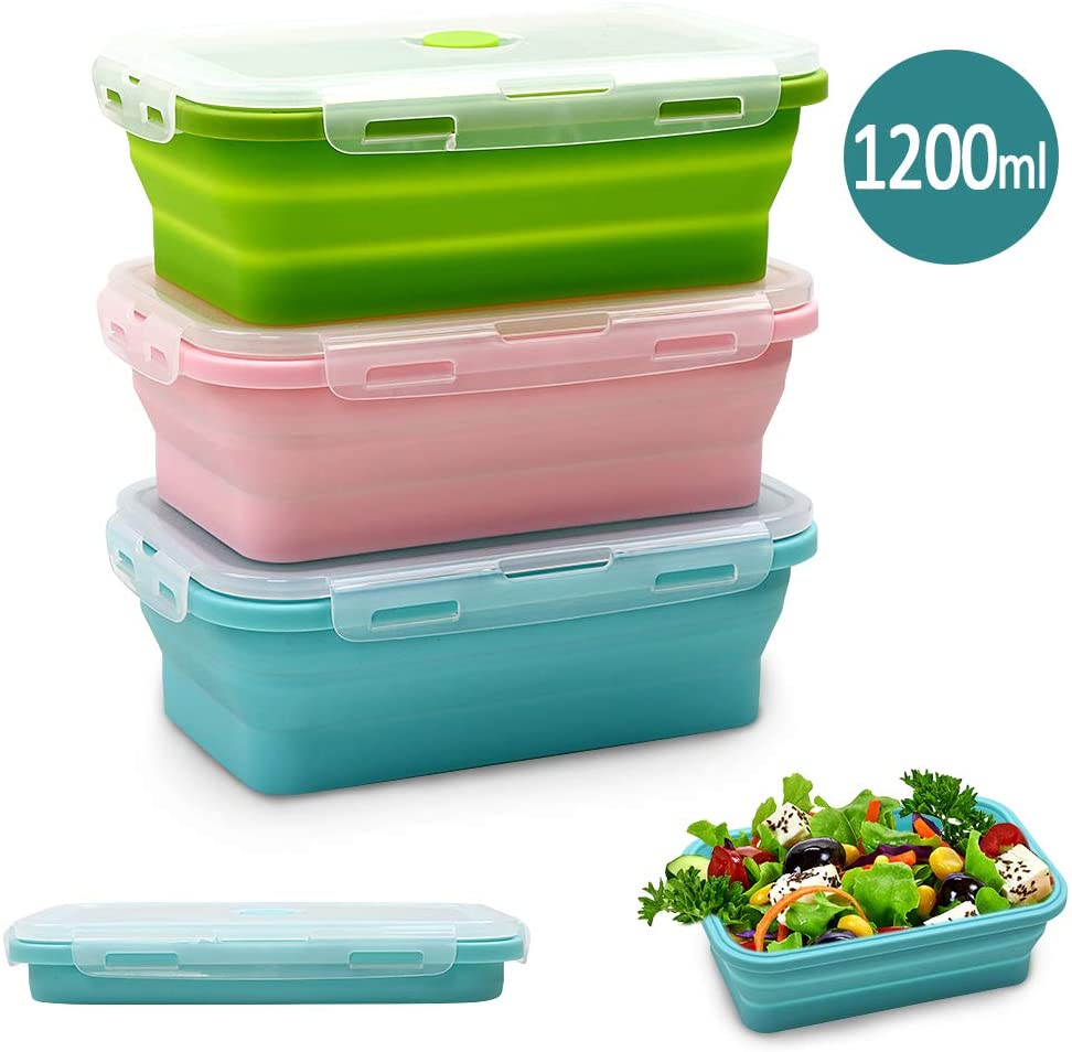 Alimat PluS Silicone Food Storage Containers with Lids, 3 Pack Set 1200ml Collapsible Meal Prep Lunch Containers, Microwave