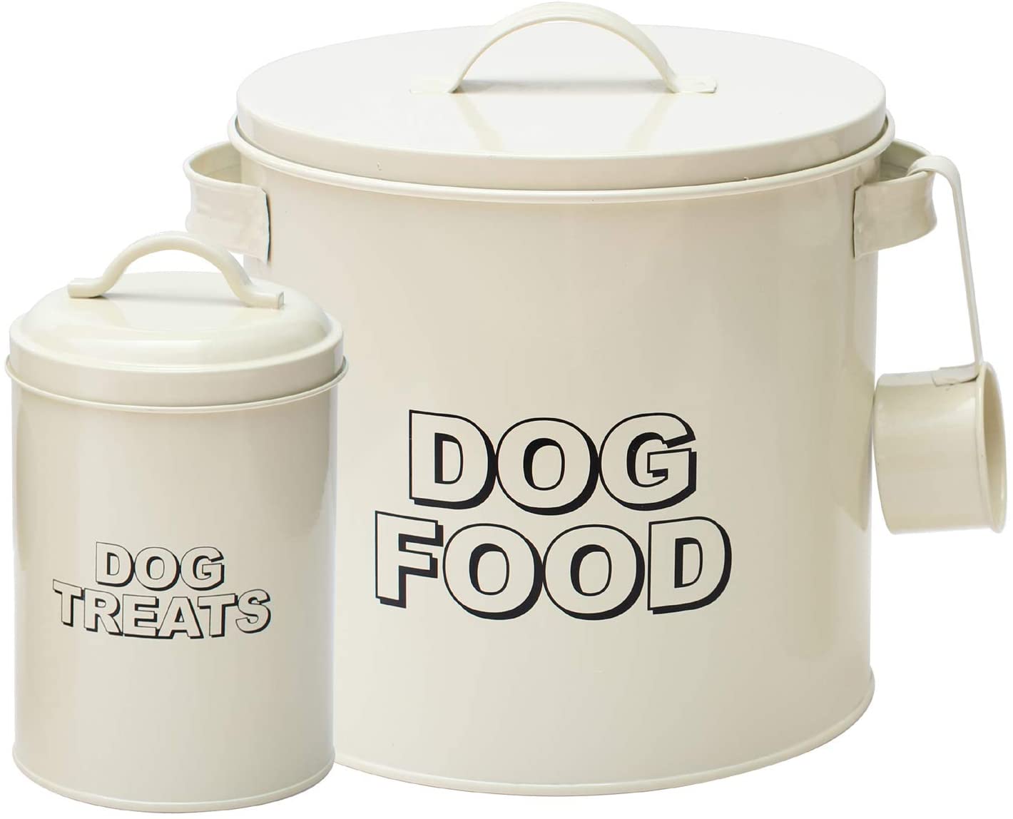 simpa Retro Vintage Styled Antique Cream 3PC Round Metal Dog Food Storage Sets: Food Tin, Treats Tin & Serving Scoop