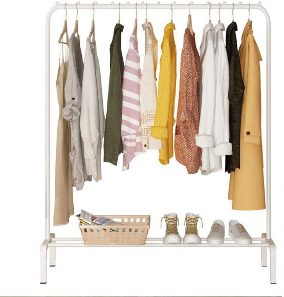 YAYI Drying Metal Garment Freestanding Hanger Bedroom Clothing Rack with Lower Storage Shelf for Boxes Shoes, White - Image 3