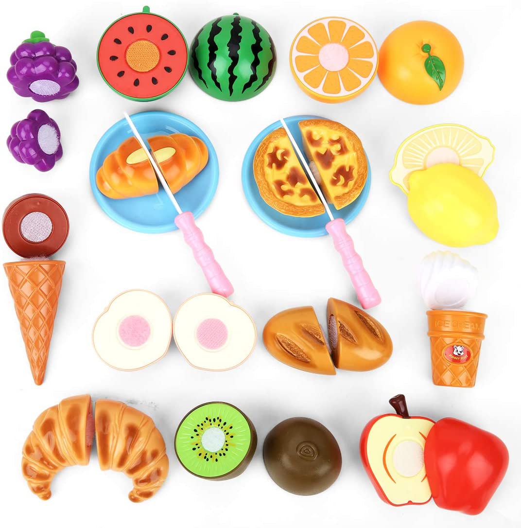 BeebeeRun Play Food Set with Picnic Basket and Mat, Cutting Dessert