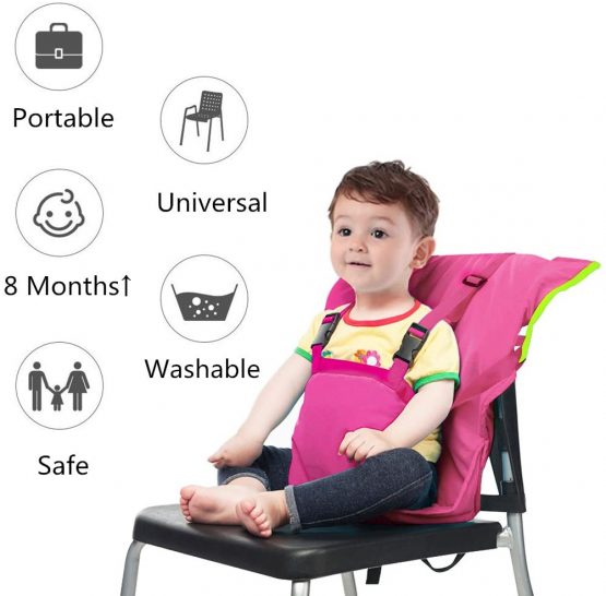 Vine Easy Seat Portable Travel High Chair | Adjustable, Safety, Washable | Toddler High Chair Seat Cover | Convenient Cloth Travel High Chair Fits in Your Handbag | Grey (Pink) - Image 2