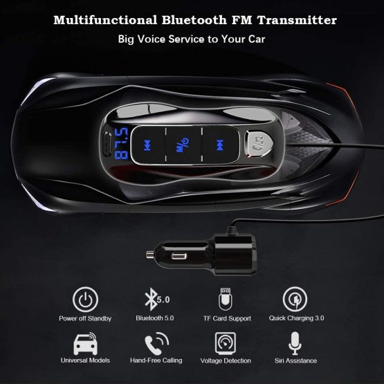 SONRU Bluetooth 5.0 FM Transmitter, Bluetooth Adapter Car Radio Audio Transmitter Handsfree Car Kit with QC3.0 USB Port,A2DP Crystal Sound, 1.1M Cable, Battery Voltage Display, TF Card Play - Image 2