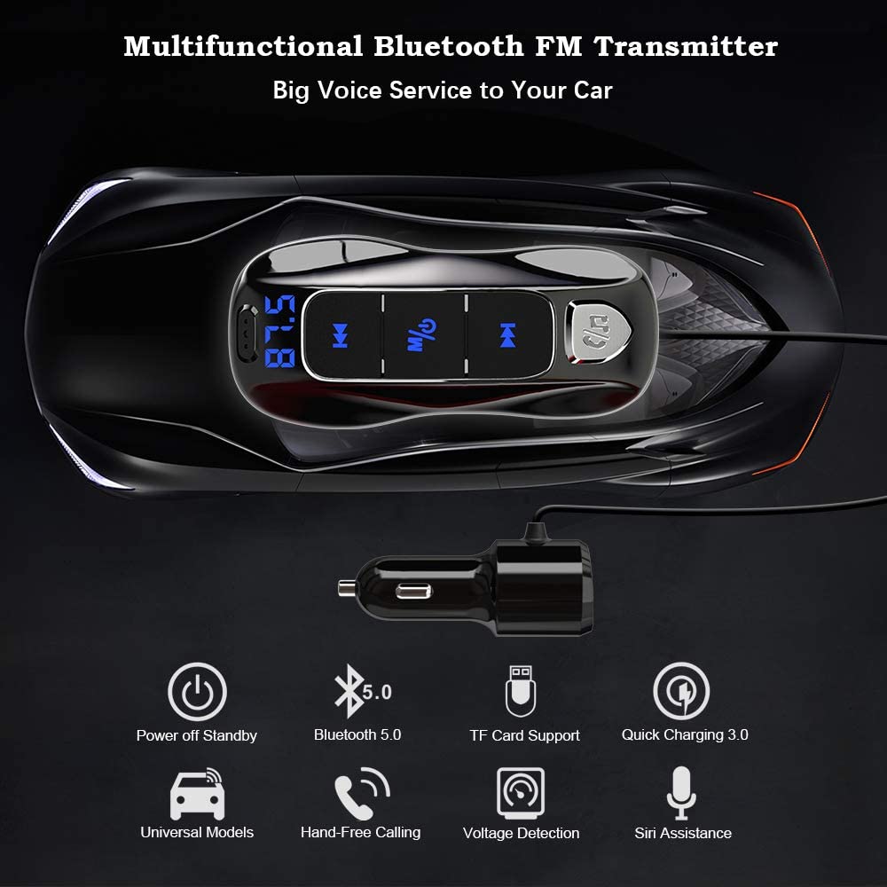 SONRU Bluetooth 5.0 FM Transmitter, Car Radio Adapter Hands-free Car Kit  with PD 18W & QC3.0 USB Car Charger, Support Voice Assistant/U Disk/TF  Card, LED Display, 7 Color Backlight – BigaMart