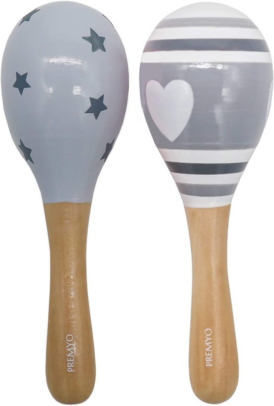 PREMYO Baby Rattle Maracas - Wooden Musical Instruments for Toddlers - Newborn Sensory Toys - Grey - Image 3
