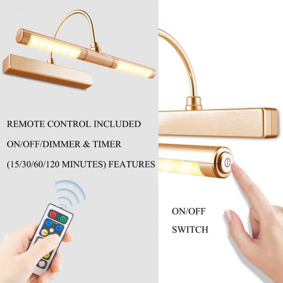 HONWELL LED Picture Light with Remote Wireless Battery Operated Wall Light, Rotatable Light Head 3 Lighting Modes, 180 Degree Swing Arm Dimmable Display Lamp Timer for Painting Dartboard - Image 2