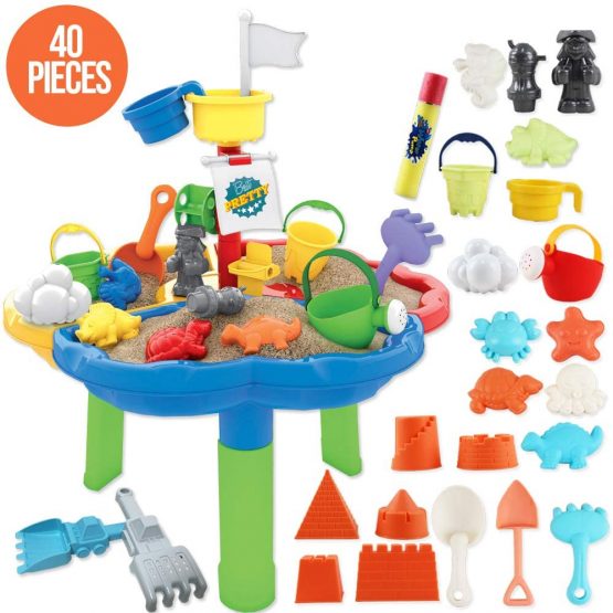 deAO 40 Pieces Sand and Water Outdoor Activity Table Play Set for Children with Water Blaster and Assorted Accessories Included