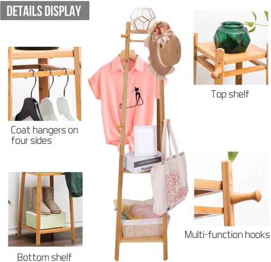 unho Coat Stand Rack Hanger: Bamboo Coat Rack with Shelf Coat Trees Free Standing Garment Stand Clothing Rail with 8 Hooks for Hats Clothes Bag Shoes - Image 4
