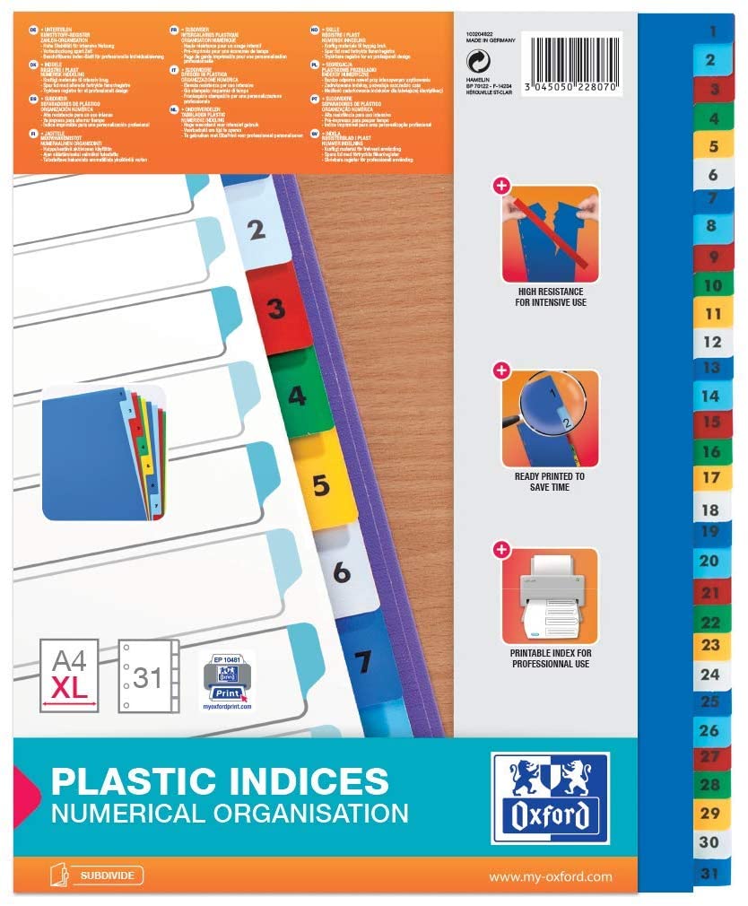 Elba 100204822 File Divider 1-31 31 Pieces Plastic A4 XL Pack of 25 Multi-Coloured, Multicolor