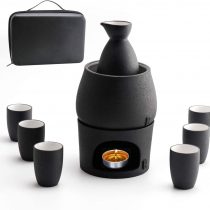 Lyty Sake Set and Cups with Warmer Keep Sake Storage Gift Box, Traditional Porcelain Japanese Pottery Hot Saki Drink, 9pcs Include 1 Stove 1 Warming Bowl 1 Sake Bottle 6 Cup (Black)
