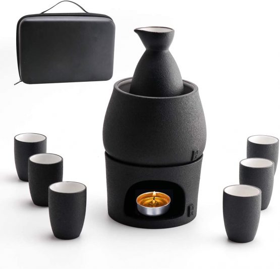 Lyty Sake Set and Cups with Warmer Keep Sake Storage Gift Box, Traditional Porcelain Japanese Pottery Hot Saki Drink, 9pcs Include 1 Stove 1 Warming Bowl 1 Sake Bottle 6 Cup (Black)