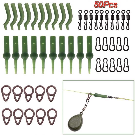 JSHANMEI 50Pcs/Set Carp Fishing Tackle Kit With Tapered Tail Helicopter Chod Bait Rigs Buffer Anti Tangle Sleeves Swivels Leader Clips Slide Rigs