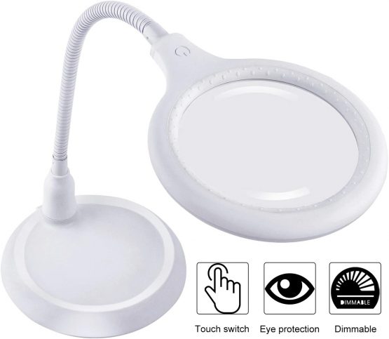 Dimmable Magnifying Lamp,5X Large Hands Free Magnifying Glass with Light and Stand for Reading Workbench Artist Hobbies