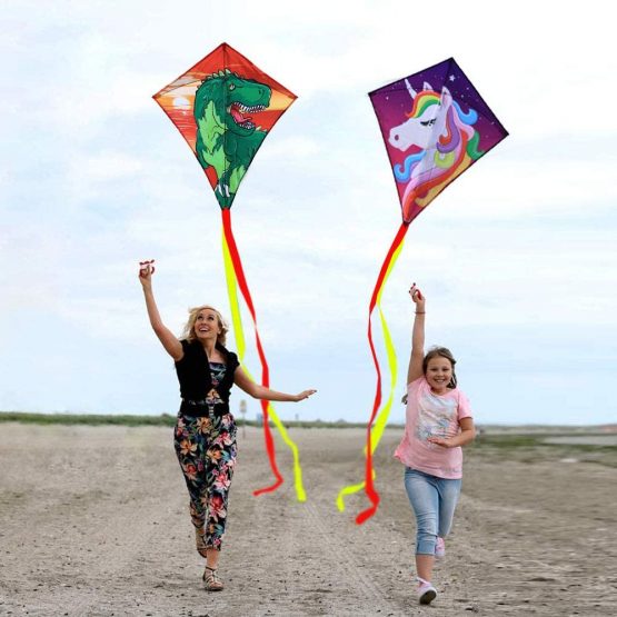 Diamond Kite 2 Pack, Dinasour + Unicorn Eddy Kite, Single Line Kite for Children, Wonderful Beginner Kite for 3 years up, 60x70cm with 2x300cm long tails, Kite handle, 60m String and swivel included. - Image 4