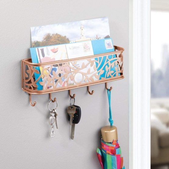 mDesign Modern Letter Holder – Metal Wall Mounted Letter Rack with Key Hooks – Post Sorter for the Entrance and Hallway – Copper - Image 2