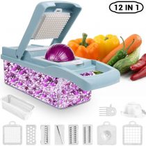 ADOV Mandolin Slicer, 12 in 1 Multi-Function Kitchen Vegetable Cutter, 7 Replaceable Stainless Steel Food Chopper with Egg Separator Hand Guard Waffle and Julienne for Onion Potato Fruits - Blue