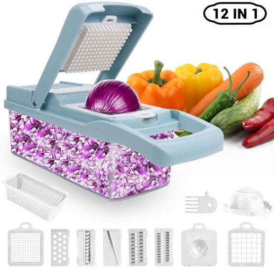 ADOV Mandolin Slicer, 12 in 1 Multi-Function Kitchen Vegetable Cutter, 7 Replaceable Stainless Steel Food Chopper with Egg Separator Hand Guard Waffle and Julienne for Onion Potato Fruits - Blue