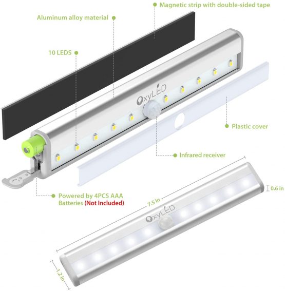 OxyLED Motion Sensor Closet Lights,Battery Operated 10 LED Closet Light Wireless Under Cabinet Light with Magnetic Security Closet Light Stick Up Motion Sensor Night Lights for Cabinet Stairs, 1 Pack - Image 3