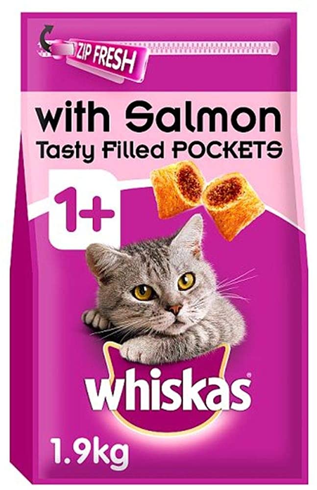 Whiskas 1+ Salmon Pack of 1.9kg Bags, Adult Cat Dry Food, May Vary, 1.9 kg (Pack of 1)