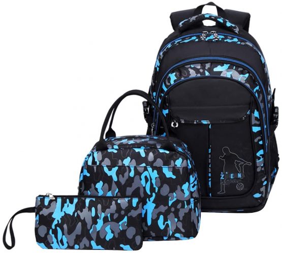 Teens Backpacks Children School Bag Set 3 in 1 Book Bag with Lunch Bag Pen Case Camouflage Laptop Rucksack for Boys Girls(Blue)