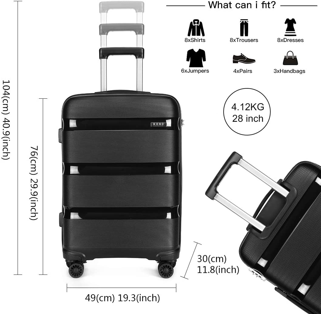 Kono Luggage Sets 3 piece Hard Shell 20/24/28 Inch Suitcase with 4 Spinner Wheels Lightweight Polypropylene Travel Trolley (Black) - Image 4