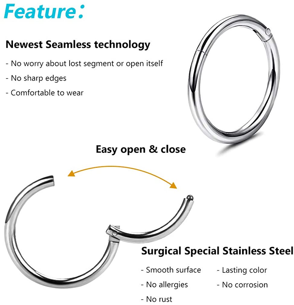 WHATOOK Silver Hinged Hoop Earrings Surgical Seamless Stainless Steel Earring for Cartilage Piercings,6mm 8mm 10mm 12mm 4 Pcs Anti-tragus Helix Hoop Unisex Body Belly Button Piercing Kit - Image 4