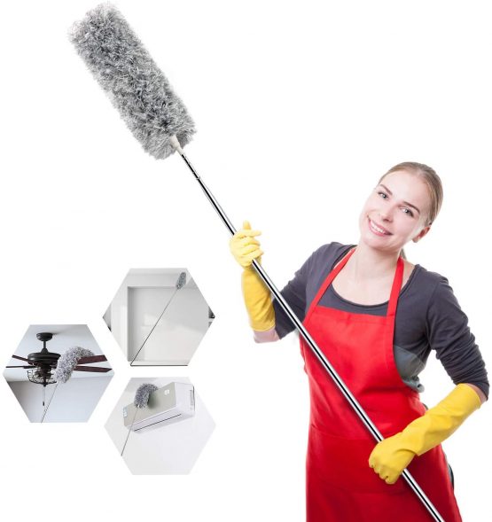 Microfiber Duster for Cleaning with Extension Pole(Stainless Steel) Reaches 100 inches, Feather Duster Flexible and Extendable Duster for Cleaning High Ceiling Cobweb Fan/Furniture/Keyboard/Cars.