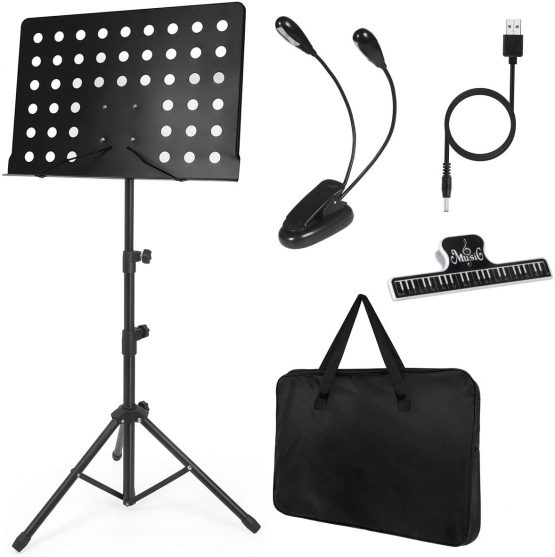 Music Stand for Sheet Music Sturdy Tripod Base Adjustable Height Metal Portable with Carrying Bag LED light Paper Holder