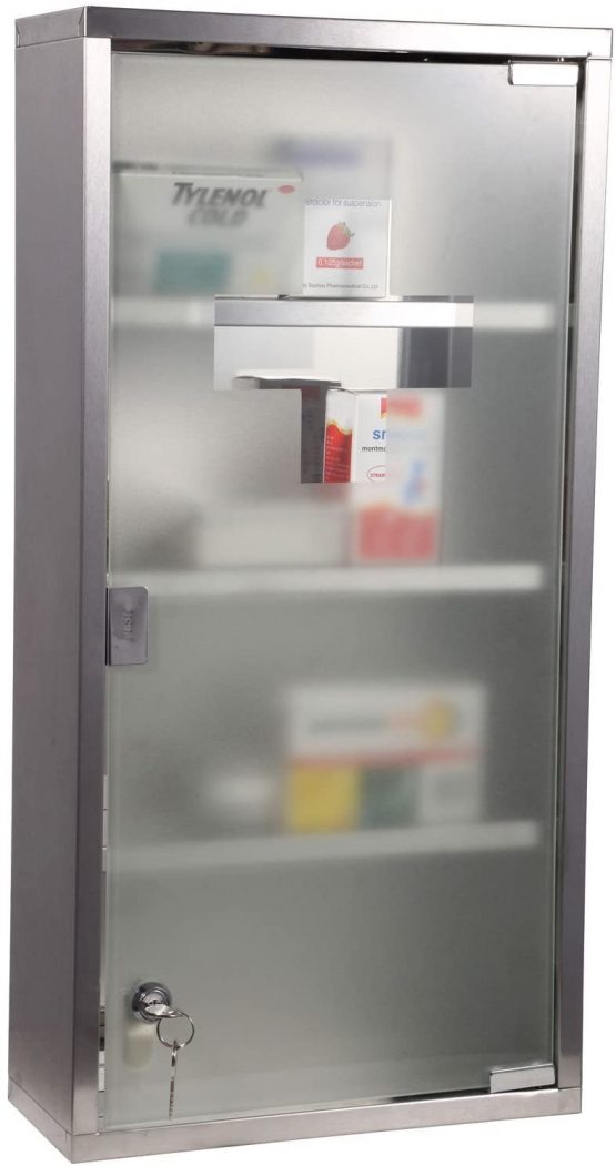 HOMCOM 4 Tier Stainless Steel Wall Mounted Medicine Cabinet Glass Lockable Door Storage Shelves Houseware Bathroom Furniture 60Hx30Wx12D(cm) w/2 Keys - Image 3