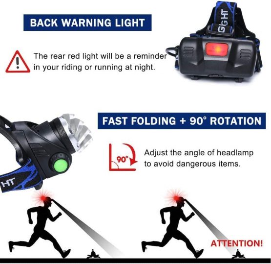 flintronic LED Head Torch, USB Rechargeable COB Single Head Headlamp, IP64 Waterproof Zoomable 3 Modes 90° Rotating 800 Lumen Headlight for Running/Cycling/Fishing/Camping (2*18650 Battery Included) - Image 3