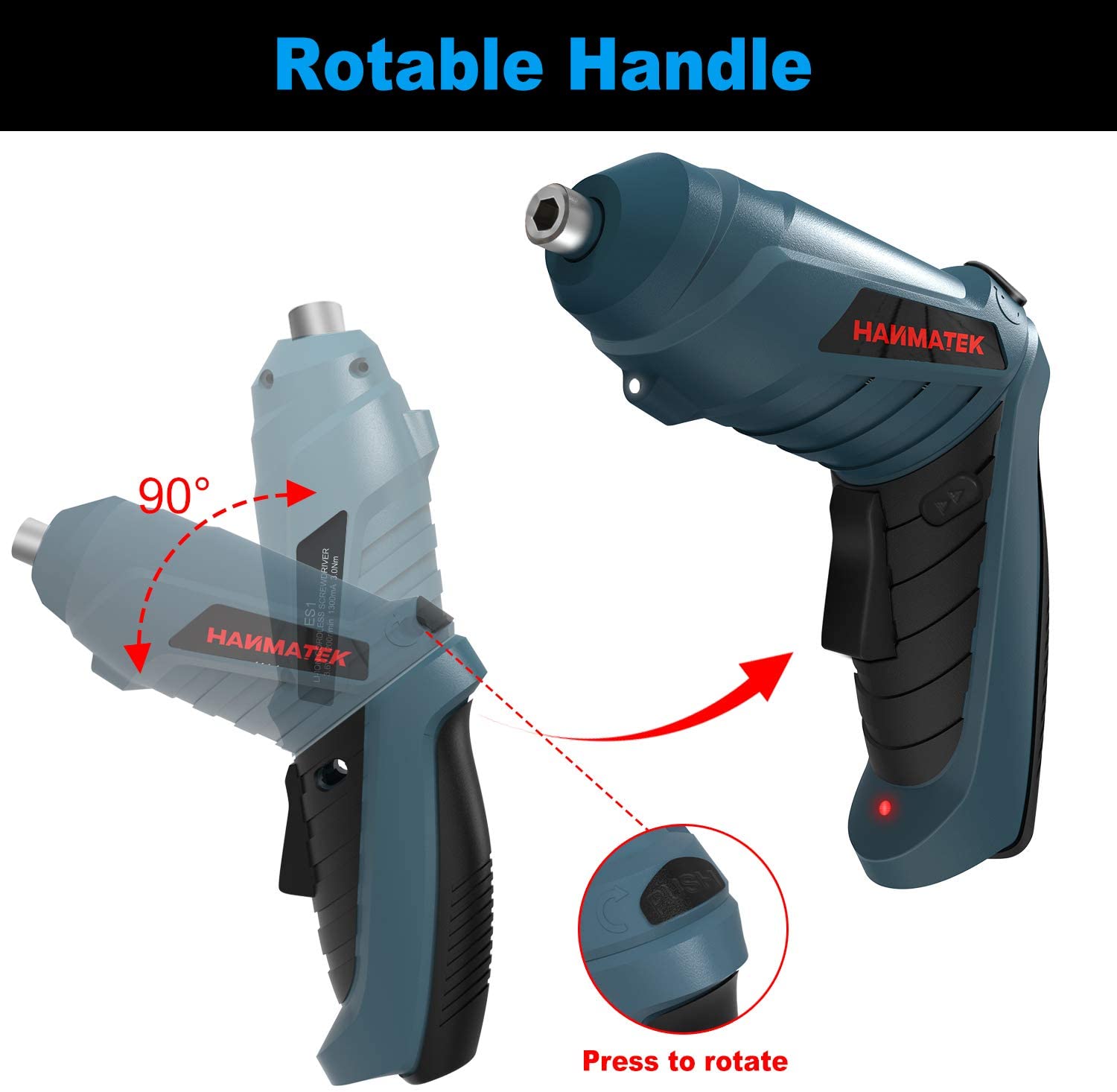 HANMATEK Electric Screwdriver Cordless Screwdriver Tool Rotated 90 Degrees with Rechargeable Battery & LED Light for Home DIY - Image 4