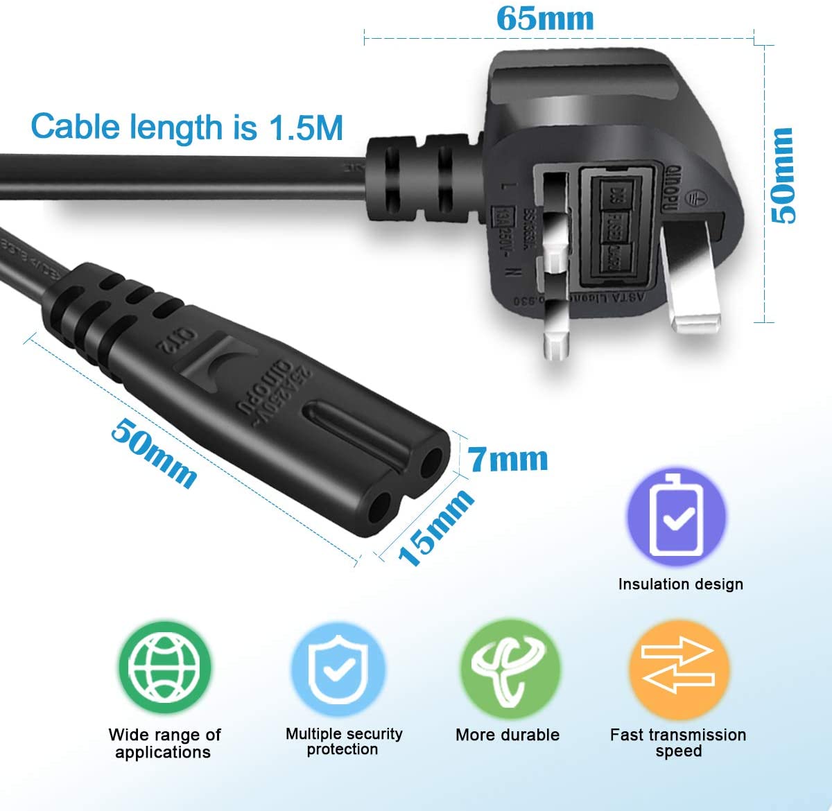 EXTRASTAR 13A Fused Figure 8 Power Cable, 2 pin Mains Power Lead (IEC60320C7 to BS1363/A) - Image 2
