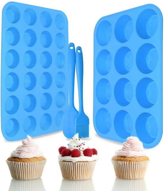 2-Pack Silicone Muffin Tray Set–Regular 12 Cups and Mini 24 Cups Cupcake Baking Tray,BPA Free,Non Stick,Heat-Resistant,with Bonus 1 Silicone Spatula & 1 Oil Brush(Red)