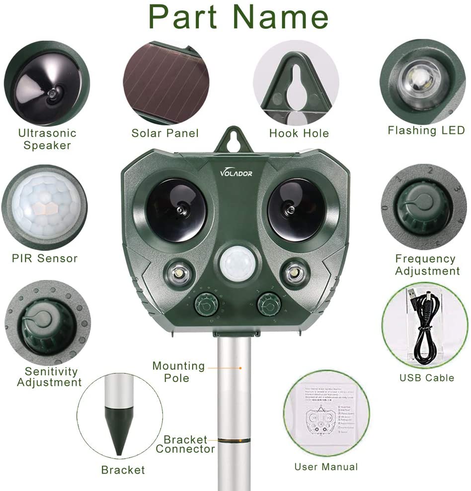 VOLADOR Ultrasonic Cat Repellent, Solar Animal Repellent, Waterproof