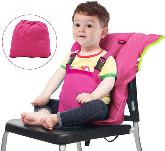 Vine Easy Seat Portable Travel High Chair | Adjustable, Safety, Washable | Toddler High Chair Seat Cover | Convenient Cloth Travel High Chair Fits in Your Handbag | Grey (Pink)