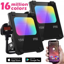 Mobri LED Flood Lights Outdoor, 15W Bluetooth Smart Floodlight APP Control, Colour Changing RGB 100W Equivalent, 2700K - Timing - 16 Million Colours - Music Sync, IP66, UK 3-Plug, 2 Pack