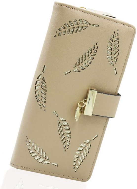 Molylove Women's Leather Wallet Purse Hollow Leaf Pattern Zipper Handbag Button Clutch Bag (Apricot)