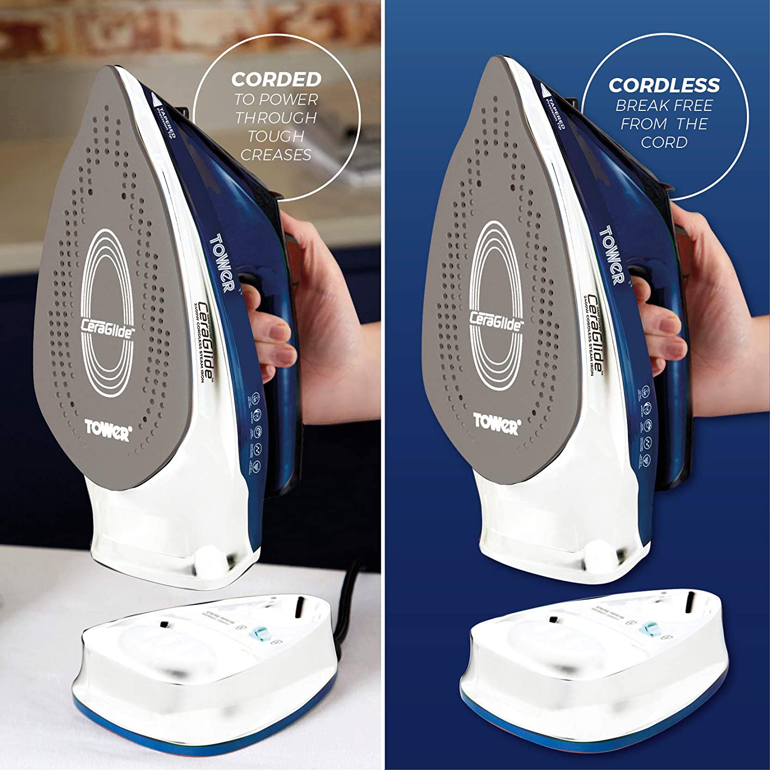Tower T22008BLU CeraGlide Cordless Steam Iron with Ceramic Soleplate and Variable Steam Function, Blue - Image 2