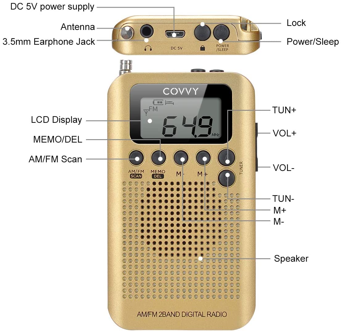 AM FM 2 Band Radio COVVY Digital 12/24H Time Display Radio Battery