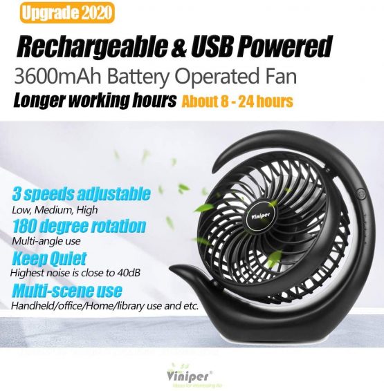 viniper Battery Operated Fan, Small Desk Fan : 3 Speeds & 8-24 Hours Longer Working, 180° Rotation, Optimised Portable USB Rechargeable Fan , Small but Mighty, Strong Wind (6.2 inch, Black) - Image 3