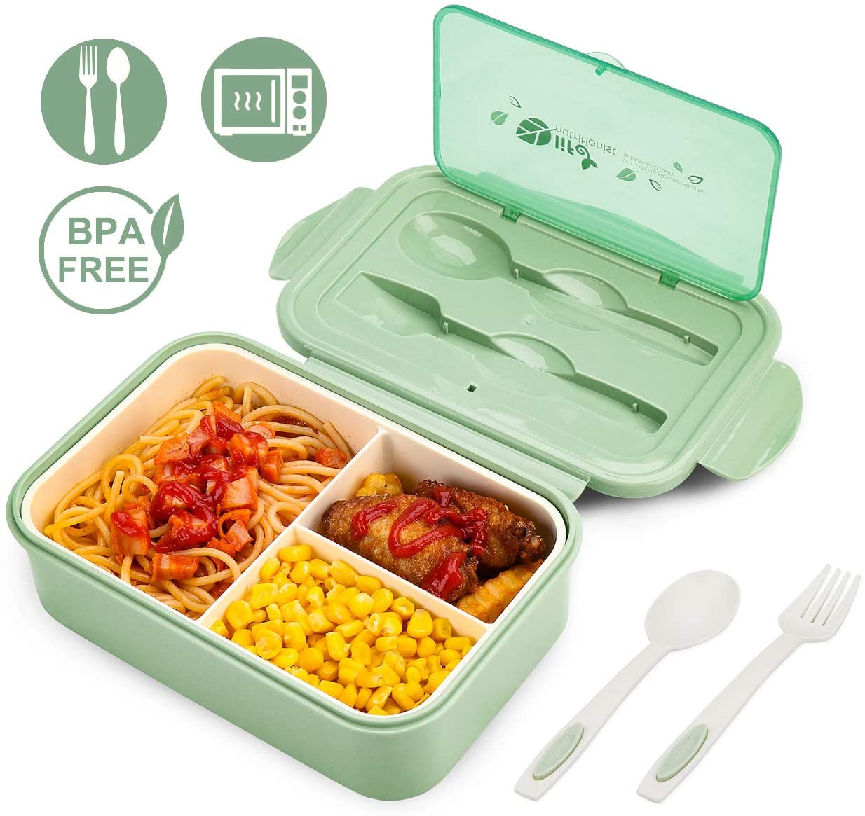 BIBURY Lunch Box, Leakproof Bento Box for Kids Adults Food Container with 3 Compartments and Cutlery Set, BPA Free
