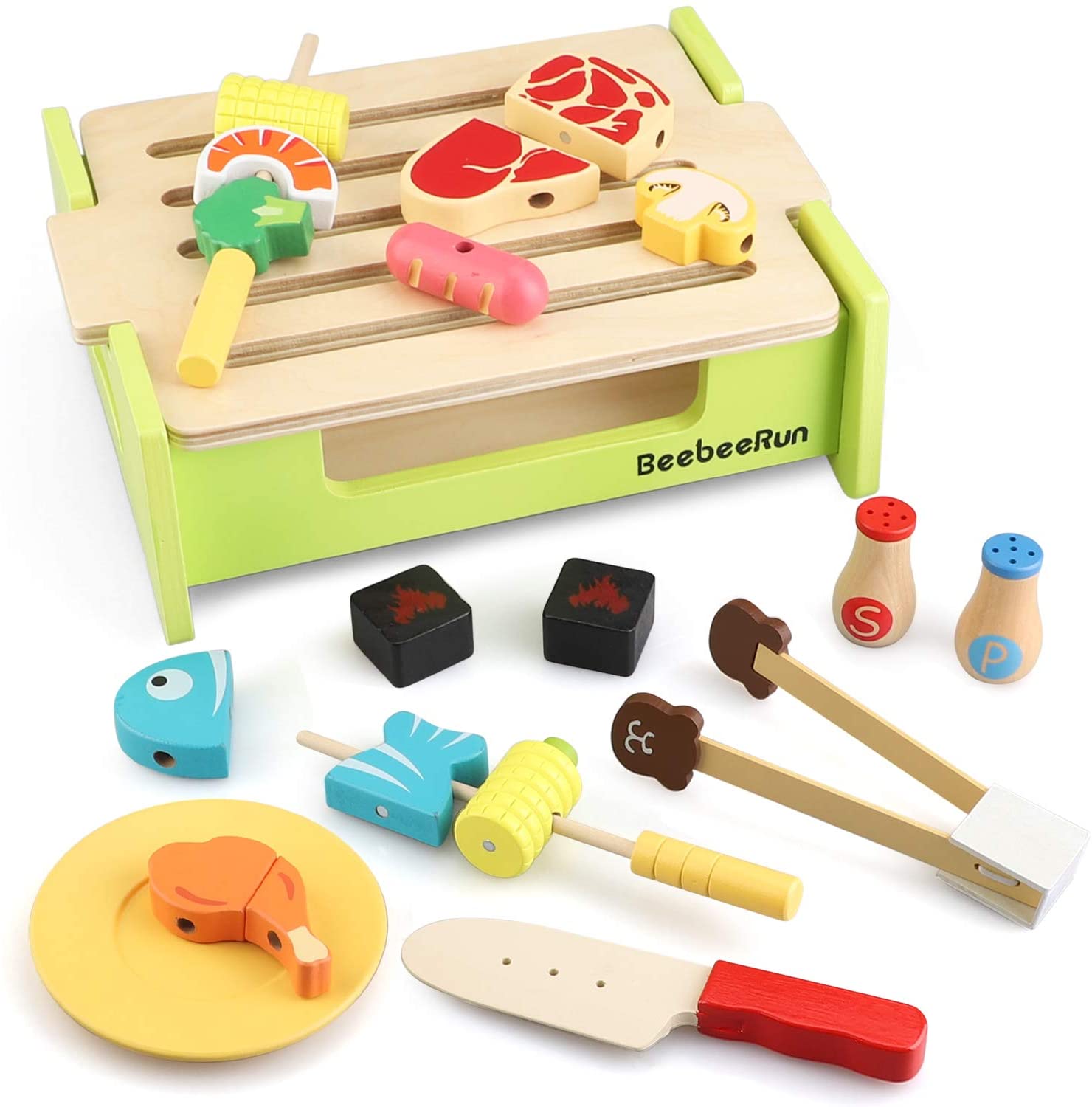 beebeerun montage spielzeug BeebeeRun Kids Play Food Set Wooden BBQ Grill, Kitchen Playset with