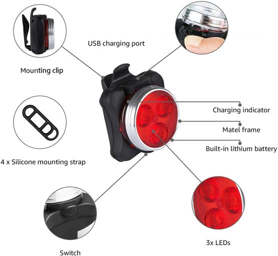 Defurhome Bike Light Set, Super Bright USB Rechargeable Bicycle Lights, 4 Brightness Modes Options Cycling Front Light & Rear Light, Waterproof Mountain Road Bike Lights(2 Cables, 4 Straps) - Image 3